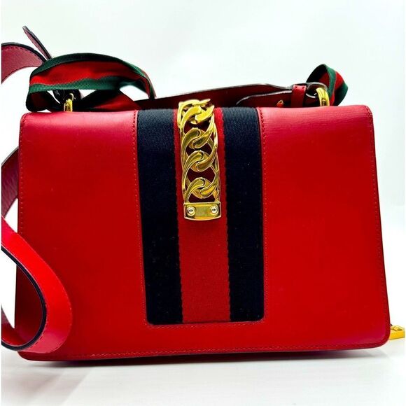 Auth Gucci Red Leather Sylvie Shoulder Bag Grosgrain Ribbon Ex+ Preloved Purse - Picture 4 of 16